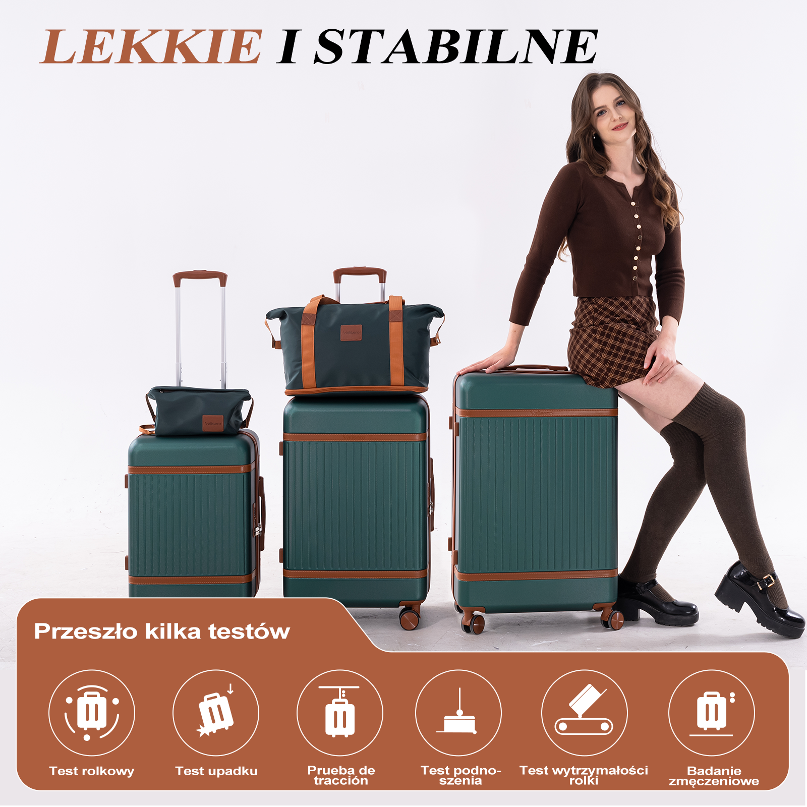 Kobieta siedzi na zielonej walizce, otoczona bagażami. Napis: 'LEKKIE I STABILNE'.