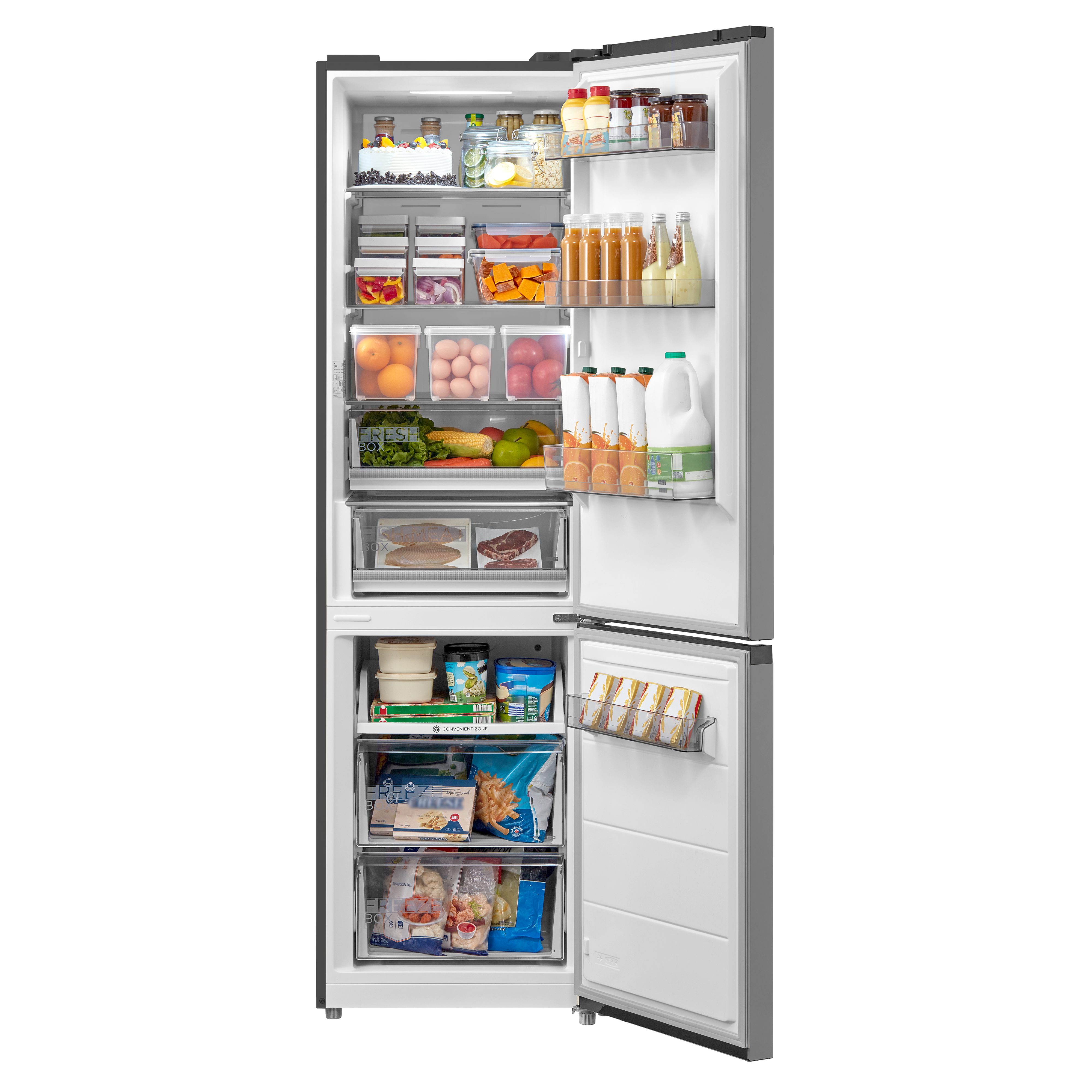 Ein offener Kühlschrank mit Lebensmitteln gefüllt, von oben bis unten.