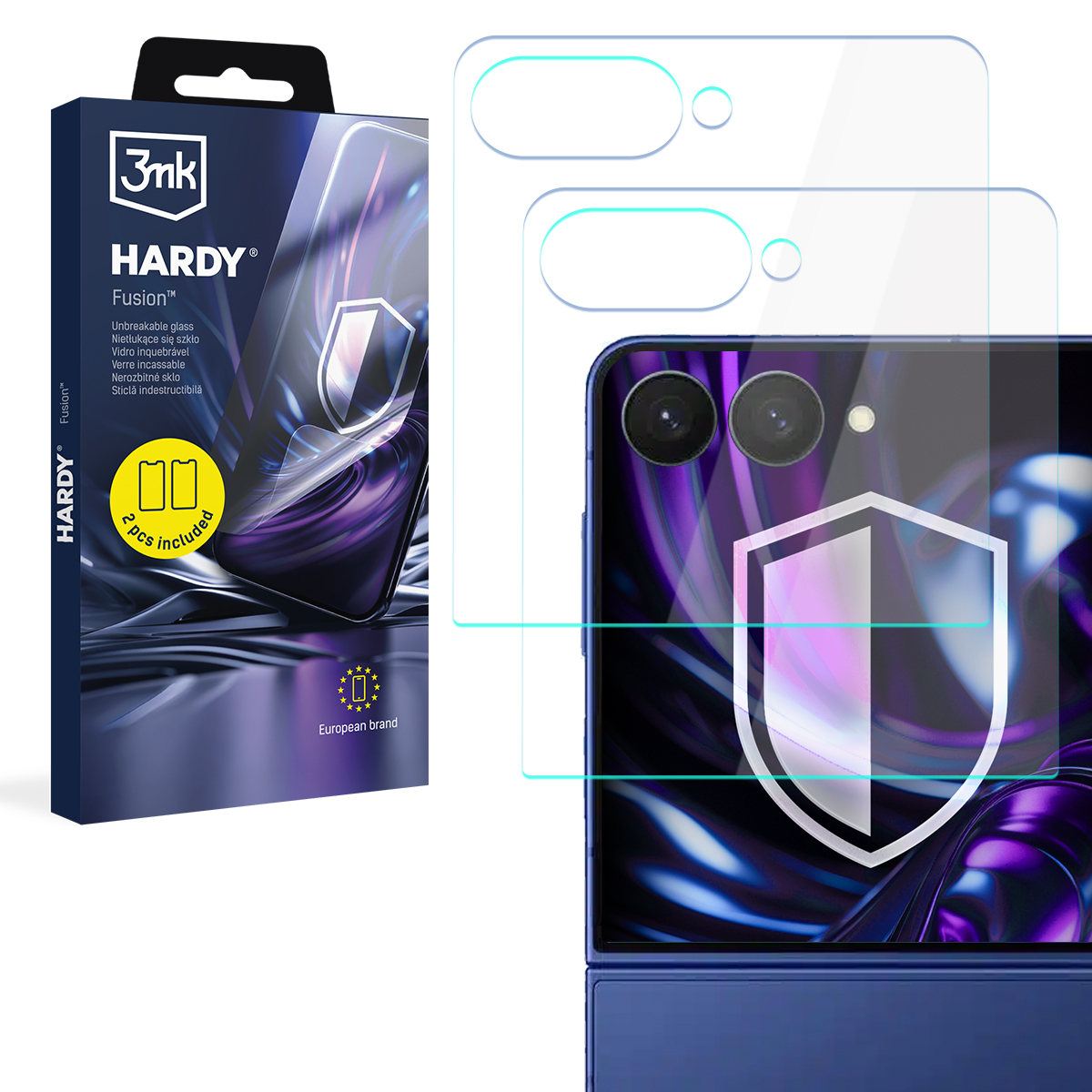 Pudełko ochraniacza ekranu Hardy Fusion i dwie folie na smartfonie.