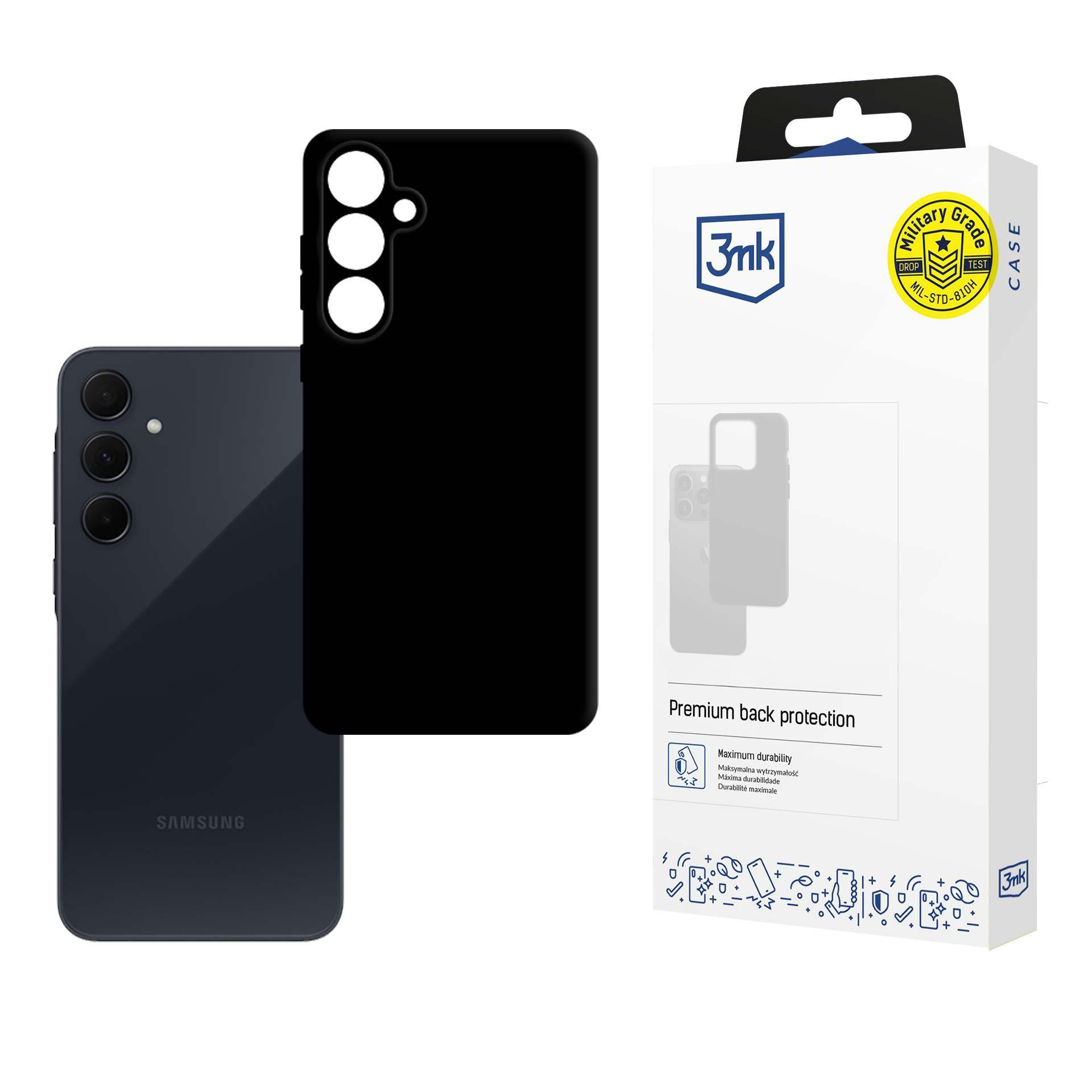 Czarny smartfon Samsung leży obok czarnego etui i opakowania.