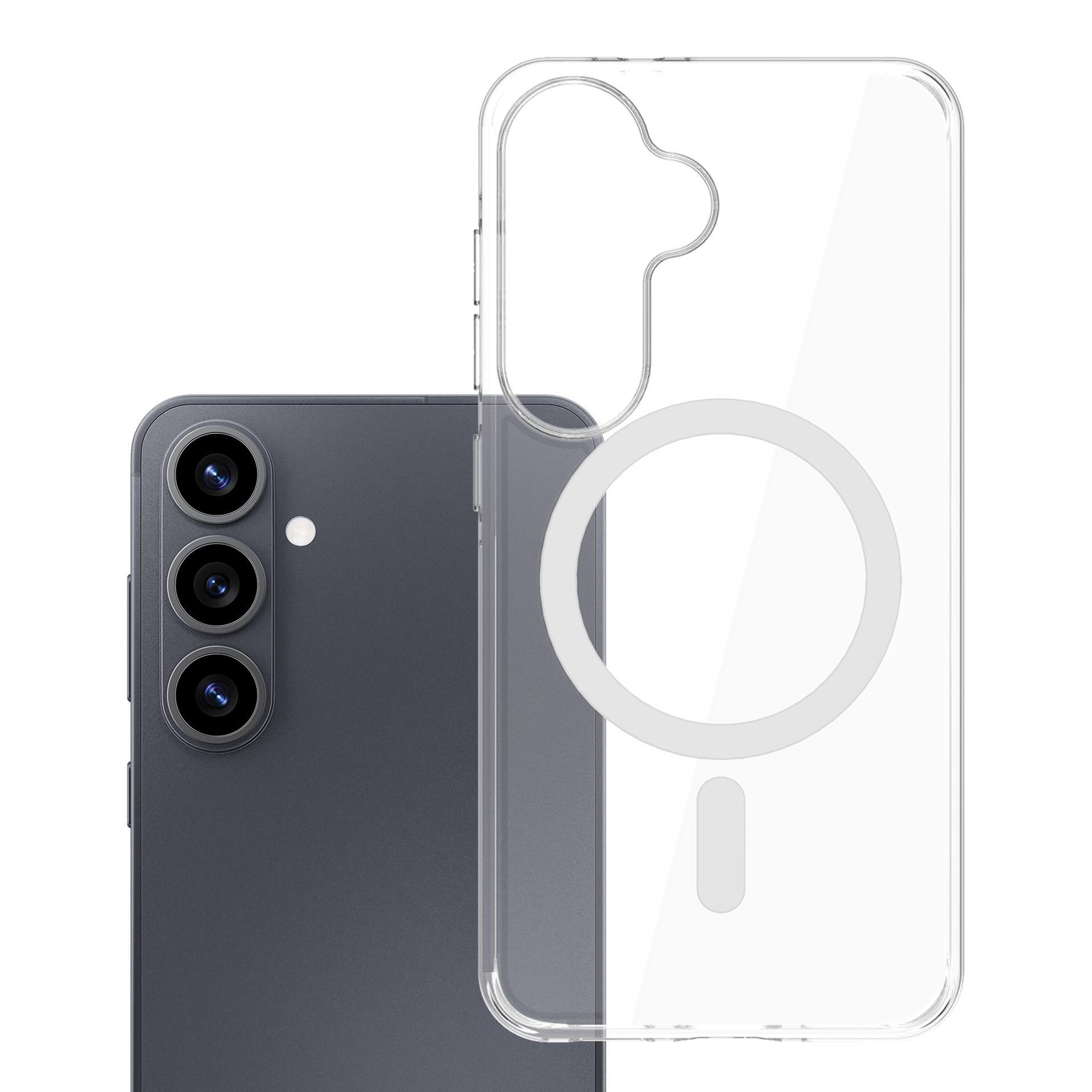 Szary smartfon z trzema aparatami obok przezroczystego etui.