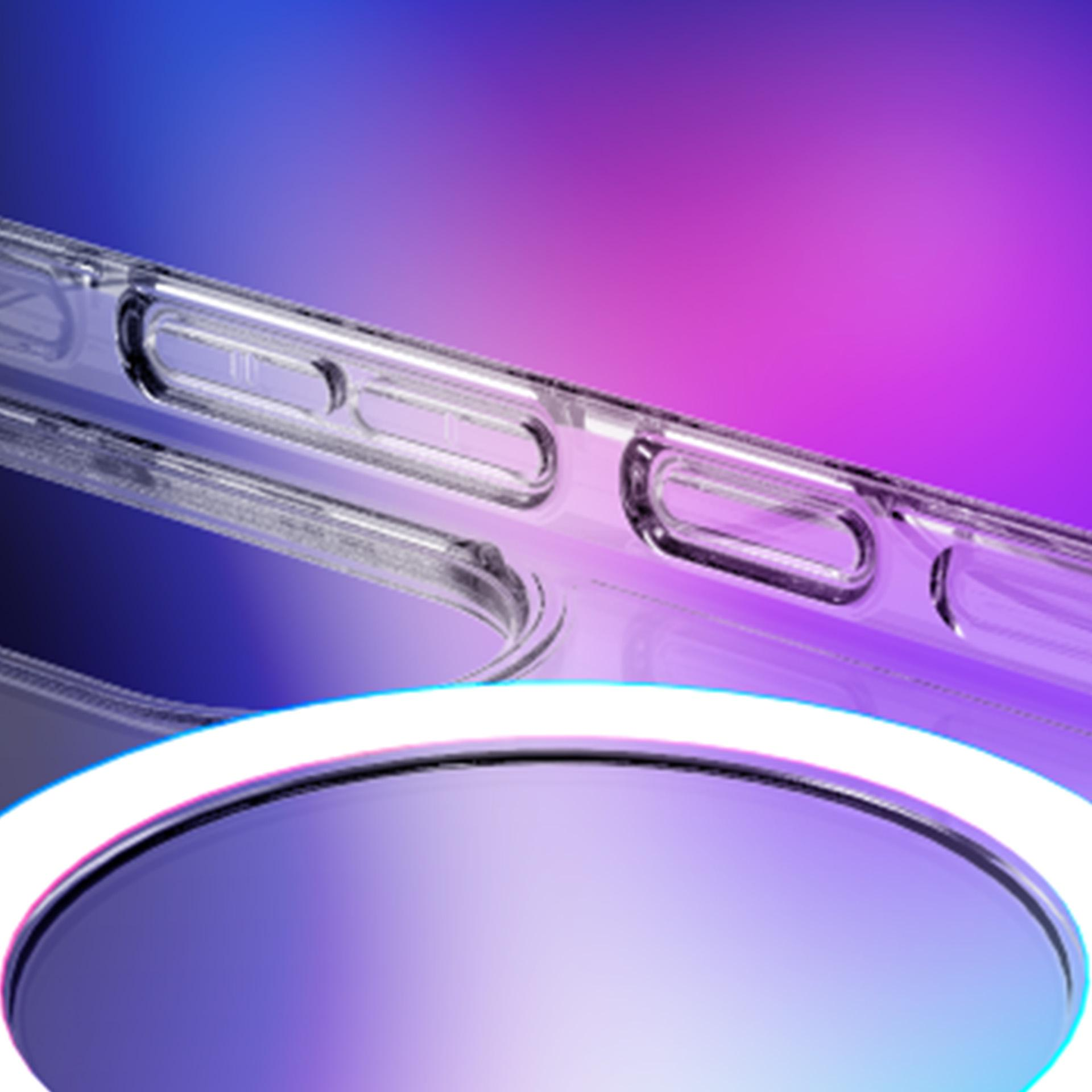 Przezroczyste etui na telefon z przyciskami i świecącym pierścieniem.