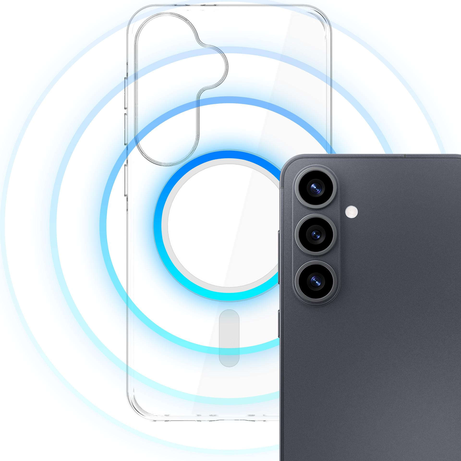 Ciemny smartfon z trzema aparatami obok przezroczystego etui z niebieskimi pierścieniami.