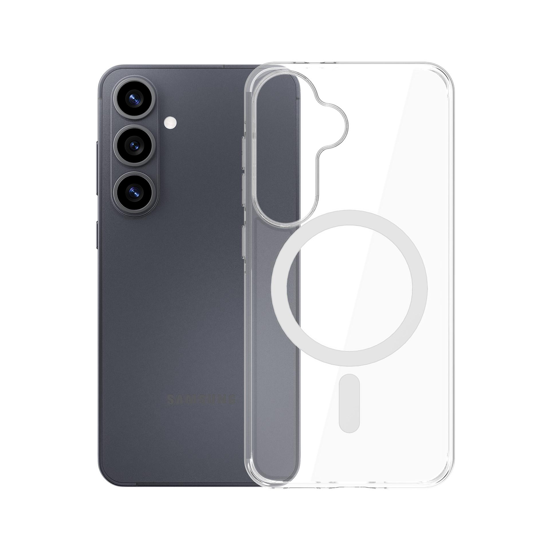 Ciemny smartfon leży obok przezroczystego etui z pierścieniem magnetycznym.