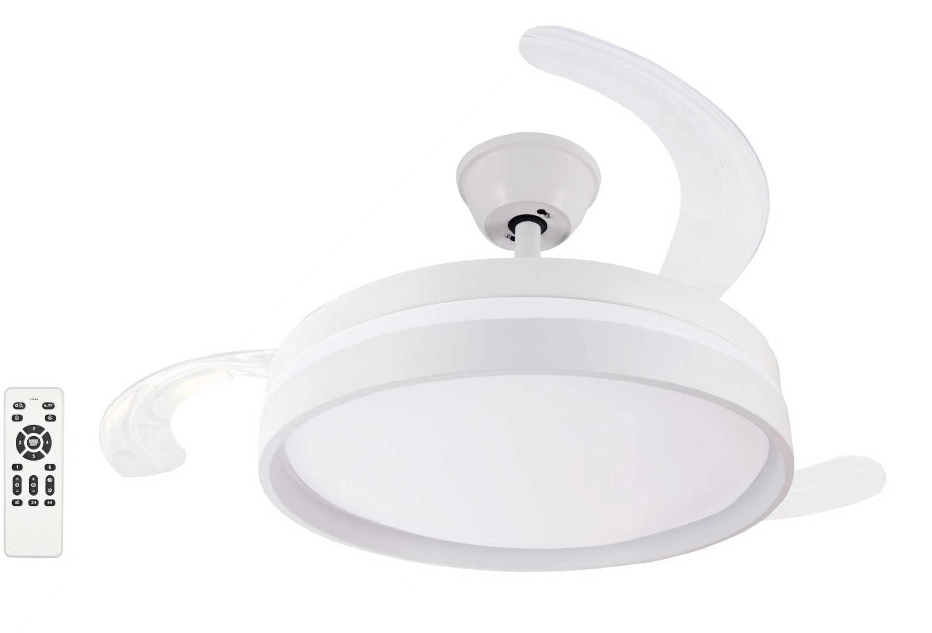 Una lámpara de ventilador de techo blanca con aspas retráctiles y mando.