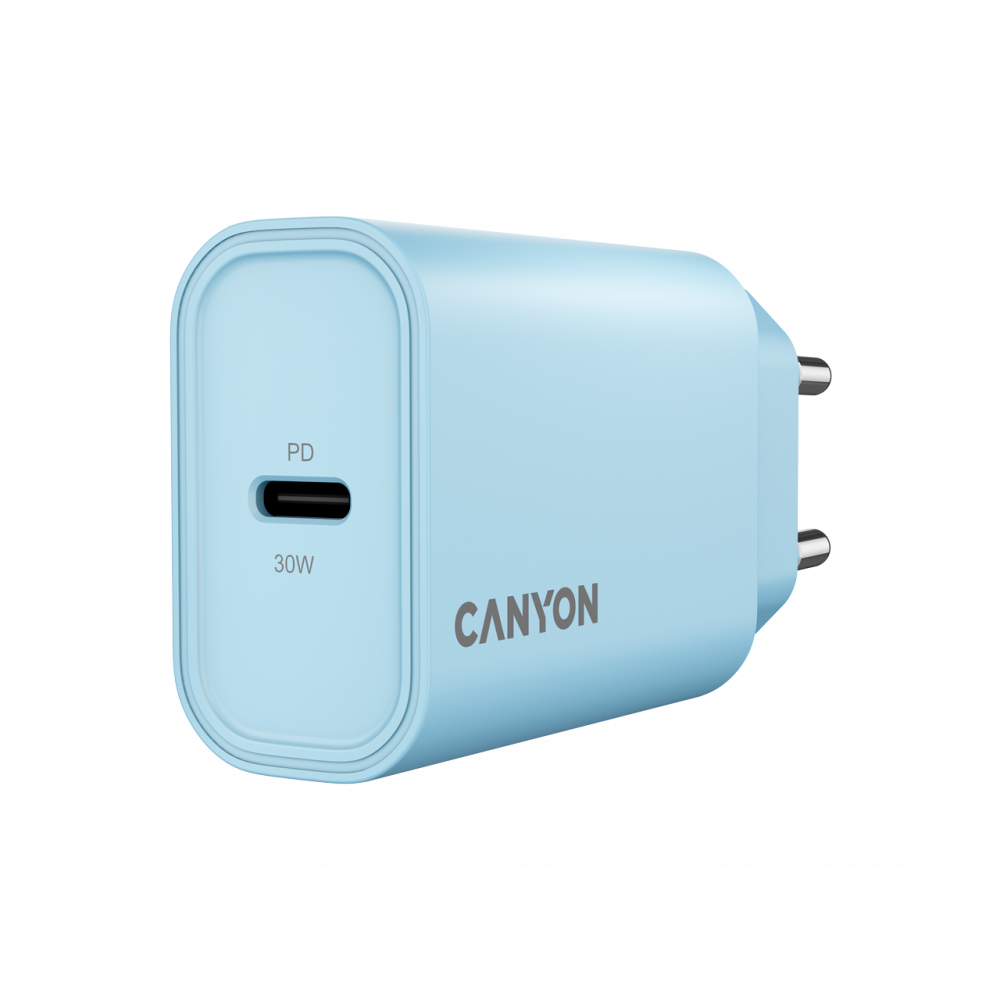 Jasnoniebieska ładowarka Canyon z portem USB-C PD 30W.