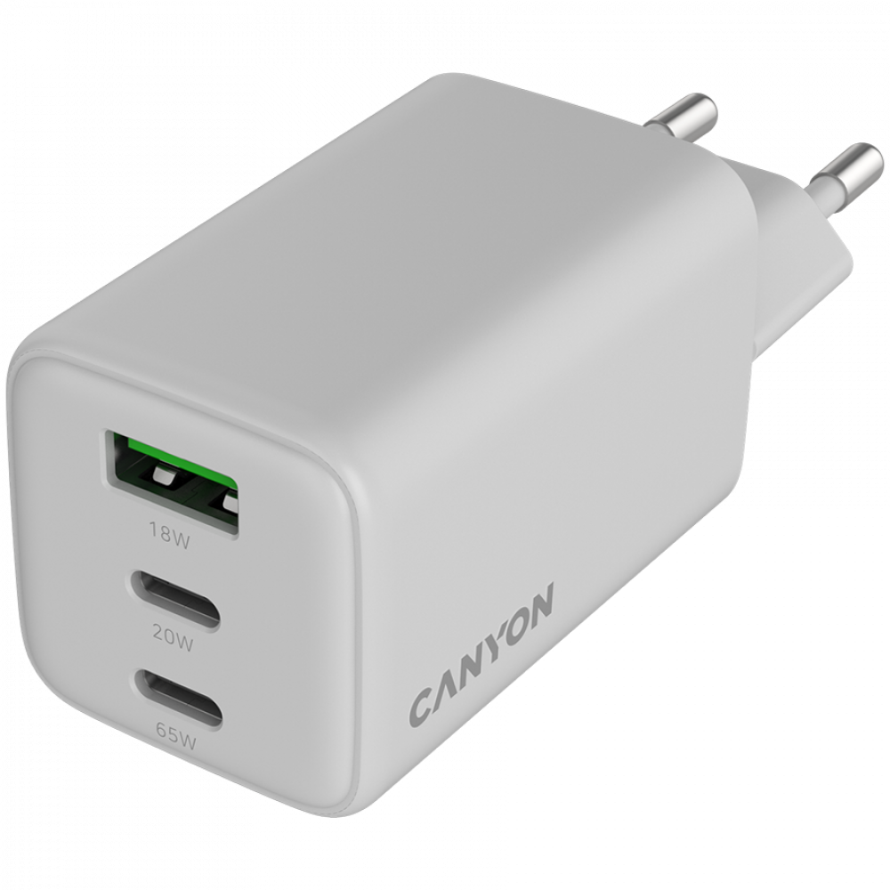 Biała ładowarka Canyon z trzema portami: 18W USB-A, 20W USB-C i 65W USB-C.