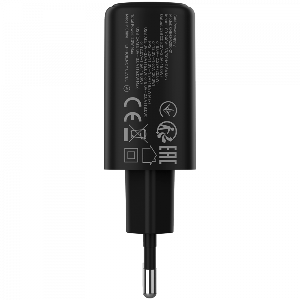 Czarny zasilacz z portami USB-C i USB-A oraz informacjami o mocy.