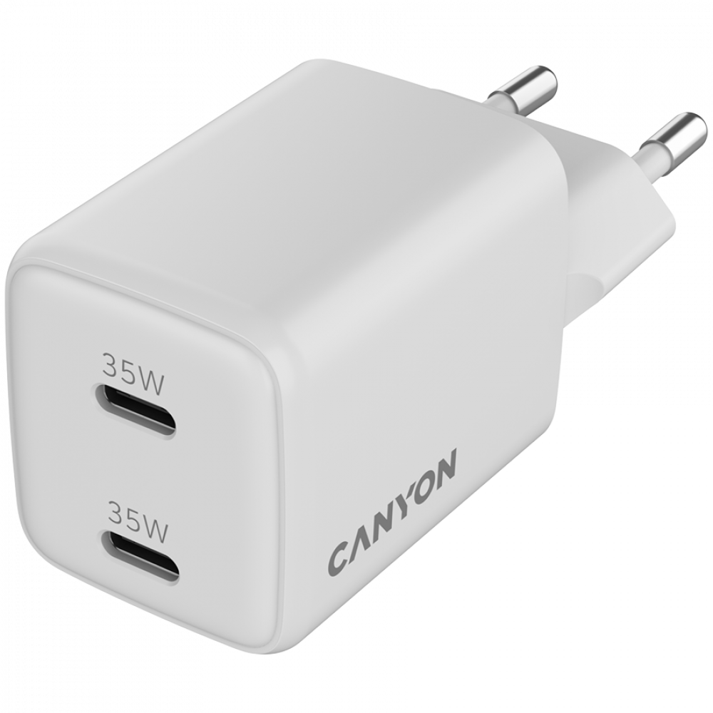 Biała ładowarka Canyon z dwoma portami USB-C o mocy 35W.