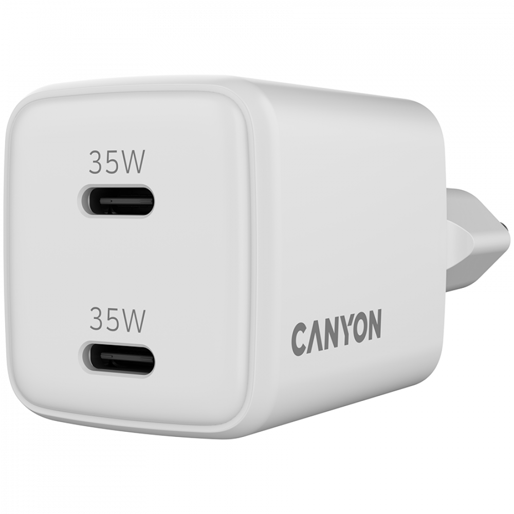 Biała ładowarka Canyon USB-C z dwoma portami.