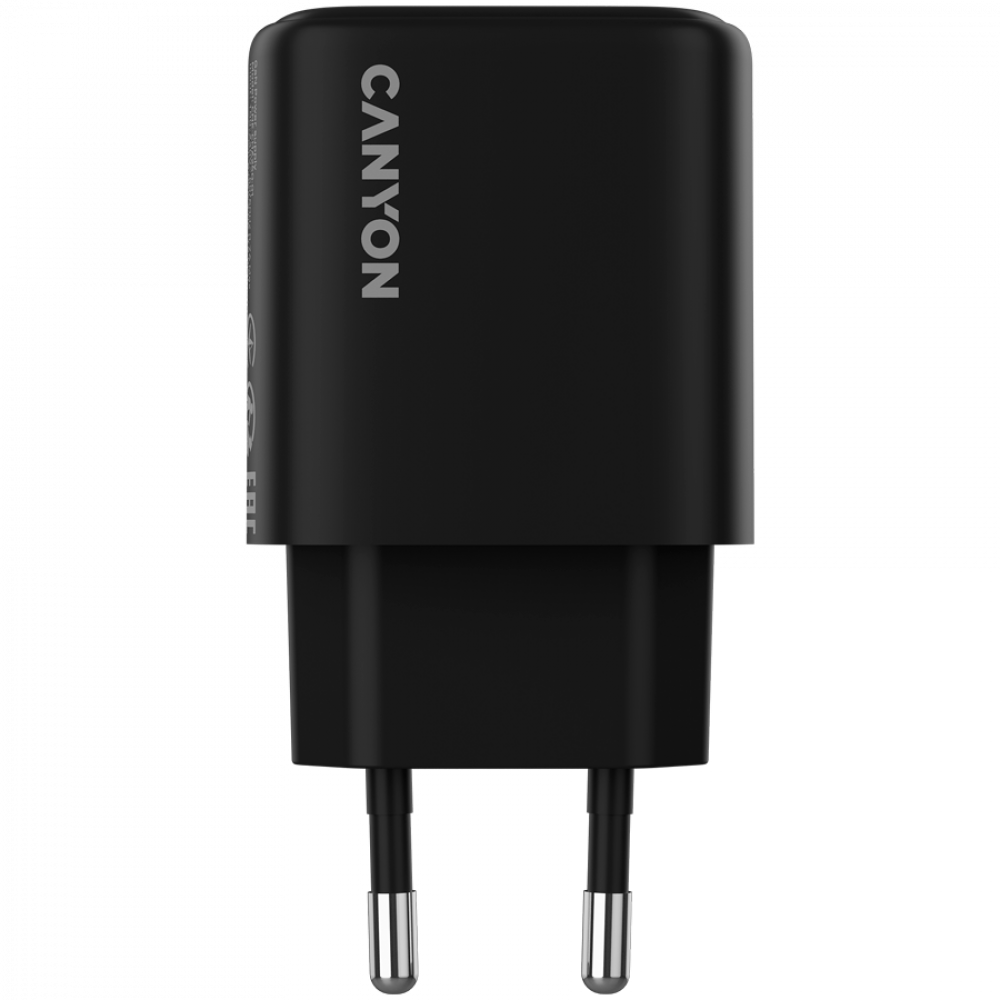 Czarna ładowarka sieciowa Canyon z dwoma srebrnymi bolcami na czarnym tle.