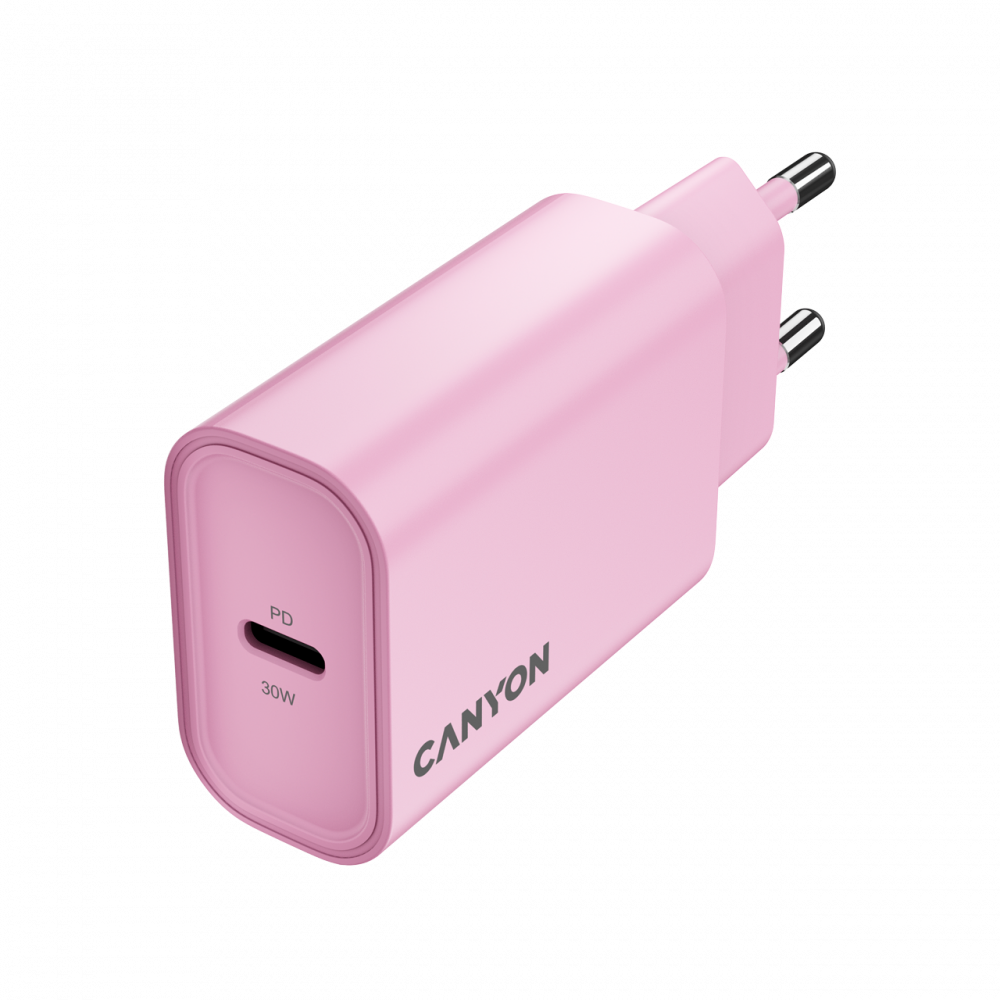 Różowy adapter podróżny 30W USB-C PD z logo Canyon i dwoma metalowymi bolcami.