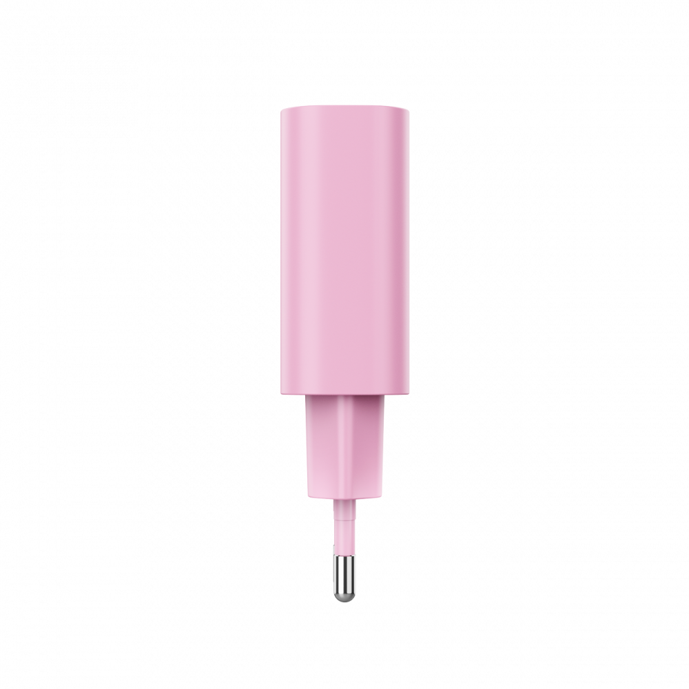 Różowy adapter sieciowy ze srebrnymi bolcami.