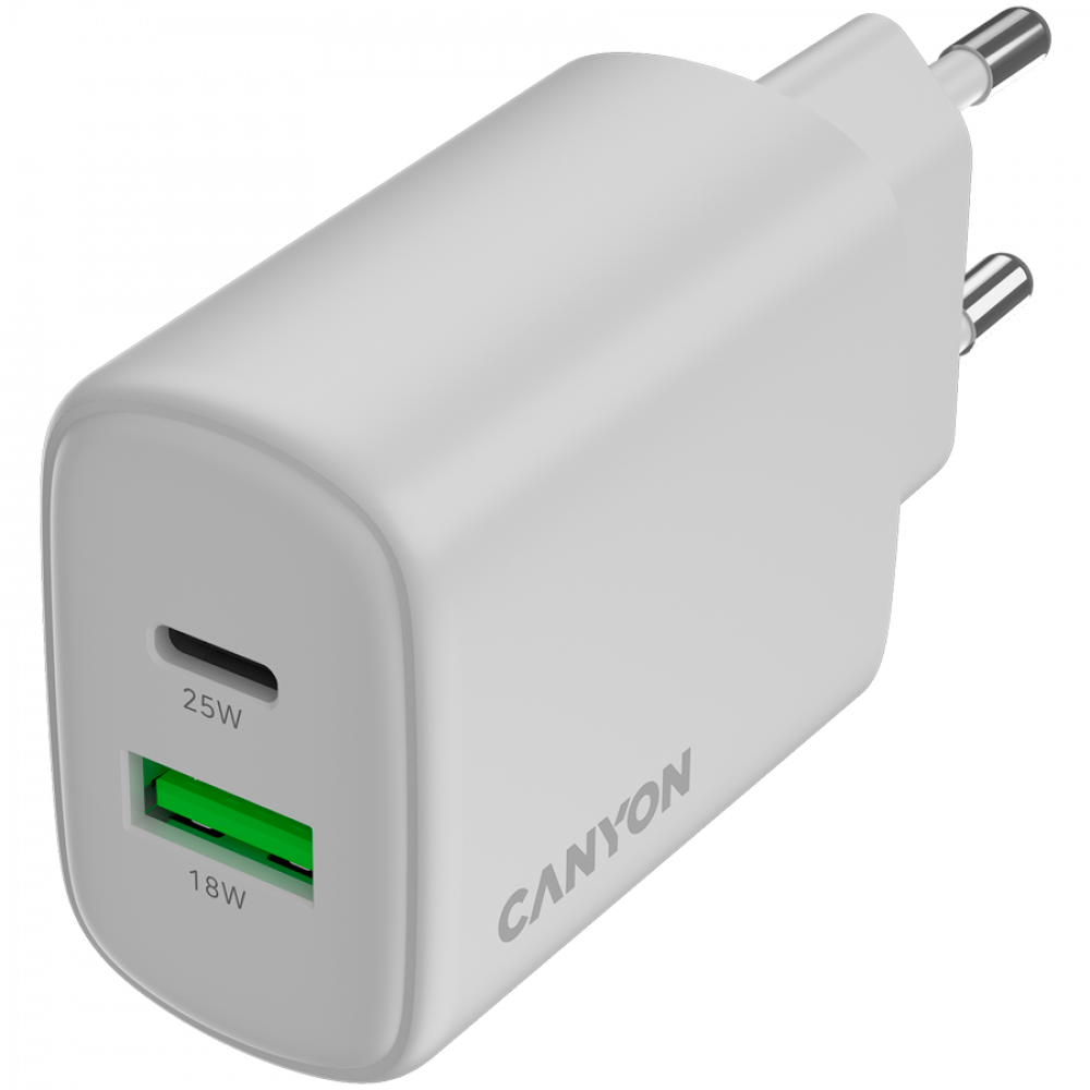 Biała ładowarka Canyon z portami USB-C i USB-A.