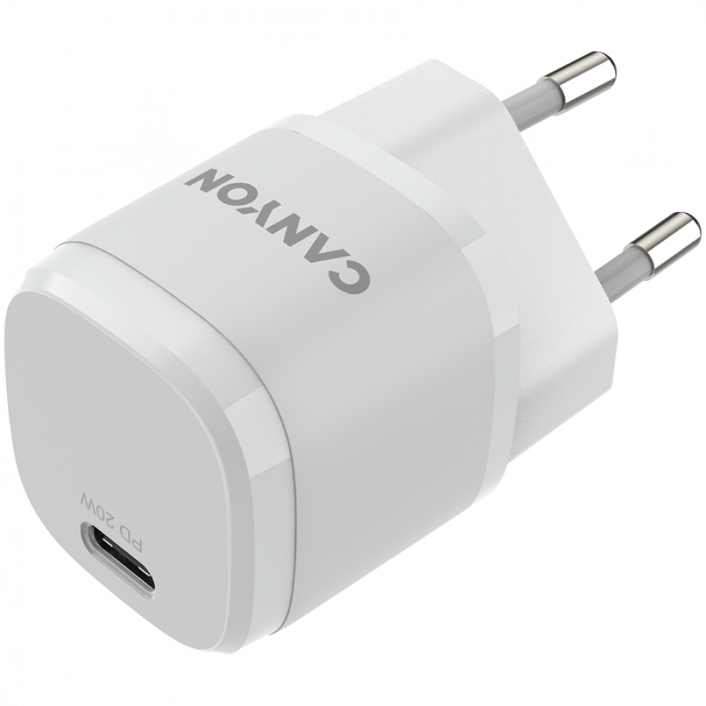 Biała ładowarka Canyon USB-C z dwoma bolcami, oznaczenie PD 20W.
