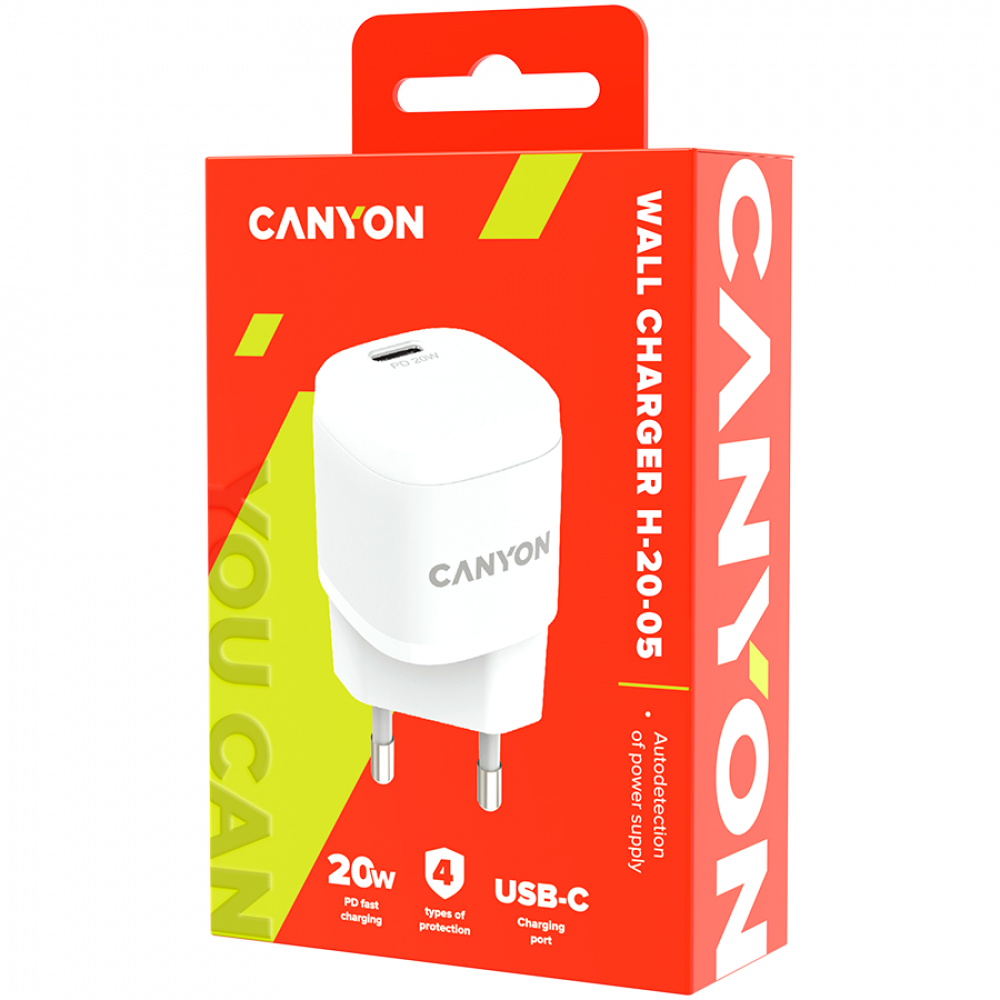 Biała ładowarka sieciowa Canyon 20W PD z portem USB-C na czerwonym opakowaniu.
