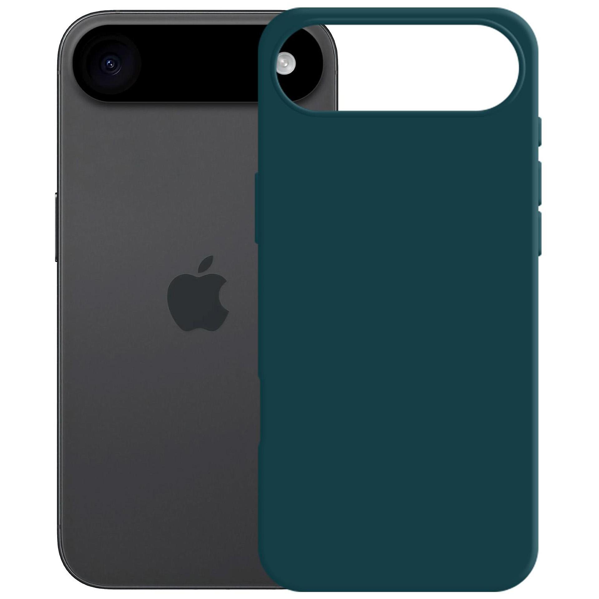 Szary iPhone obok turkusowego etui na telefon.