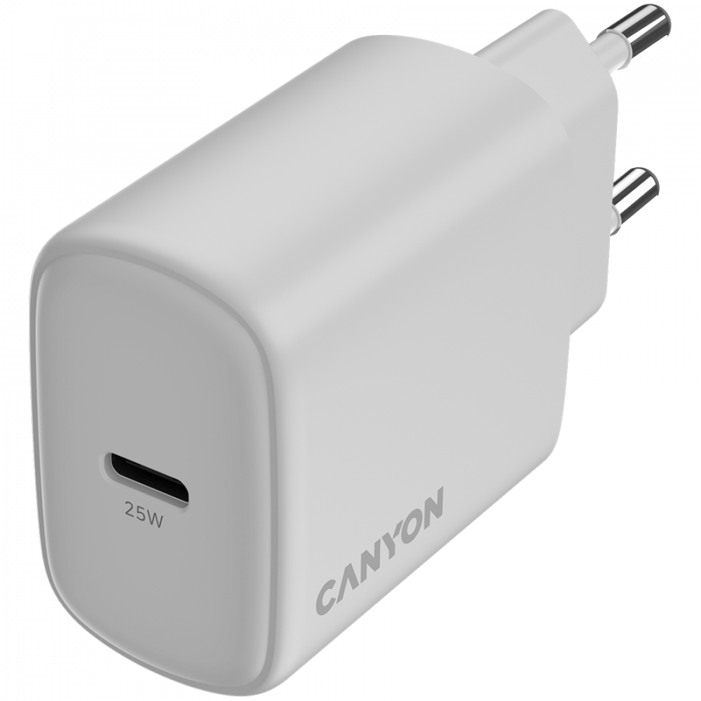 Biała ładowarka Canyon z portem USB-C 25W i dwoma metalowymi bolcami.