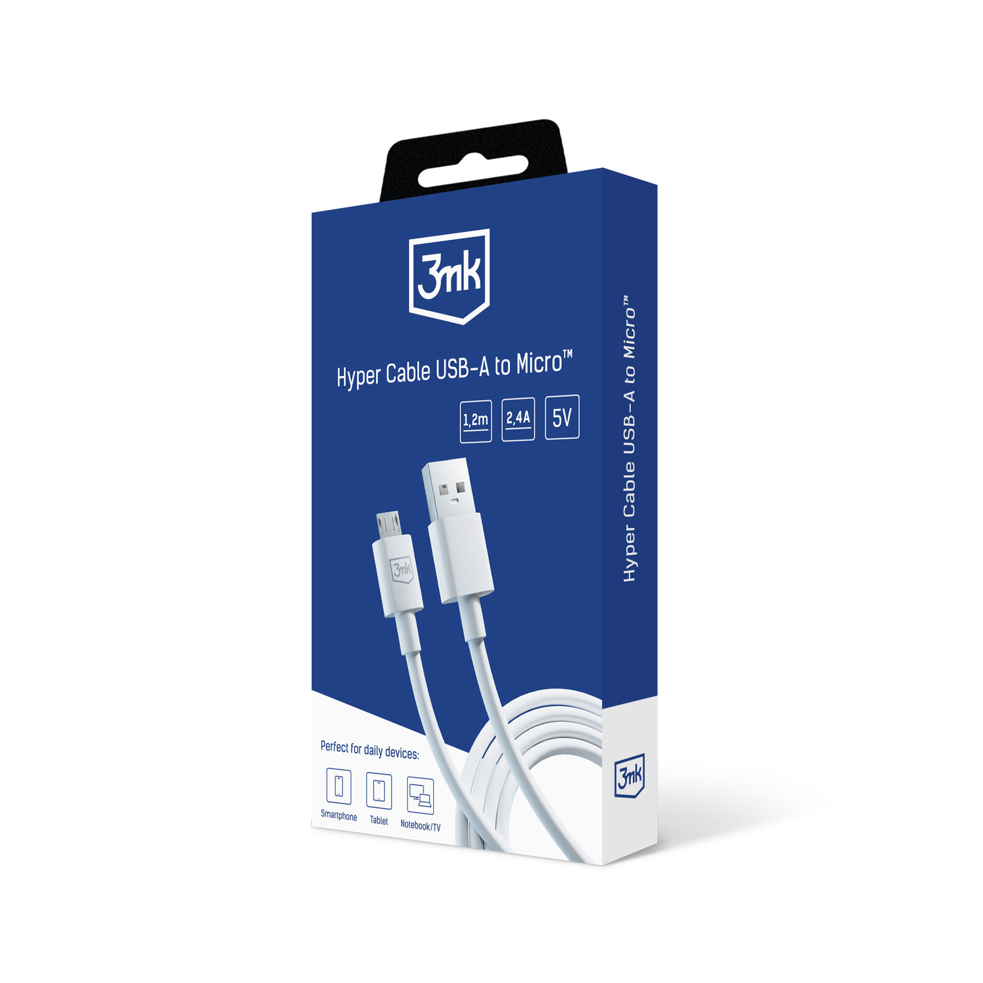 Confezione di un cavo USB-A a Micro bianco, 1,2m, 2,4A, 5V.