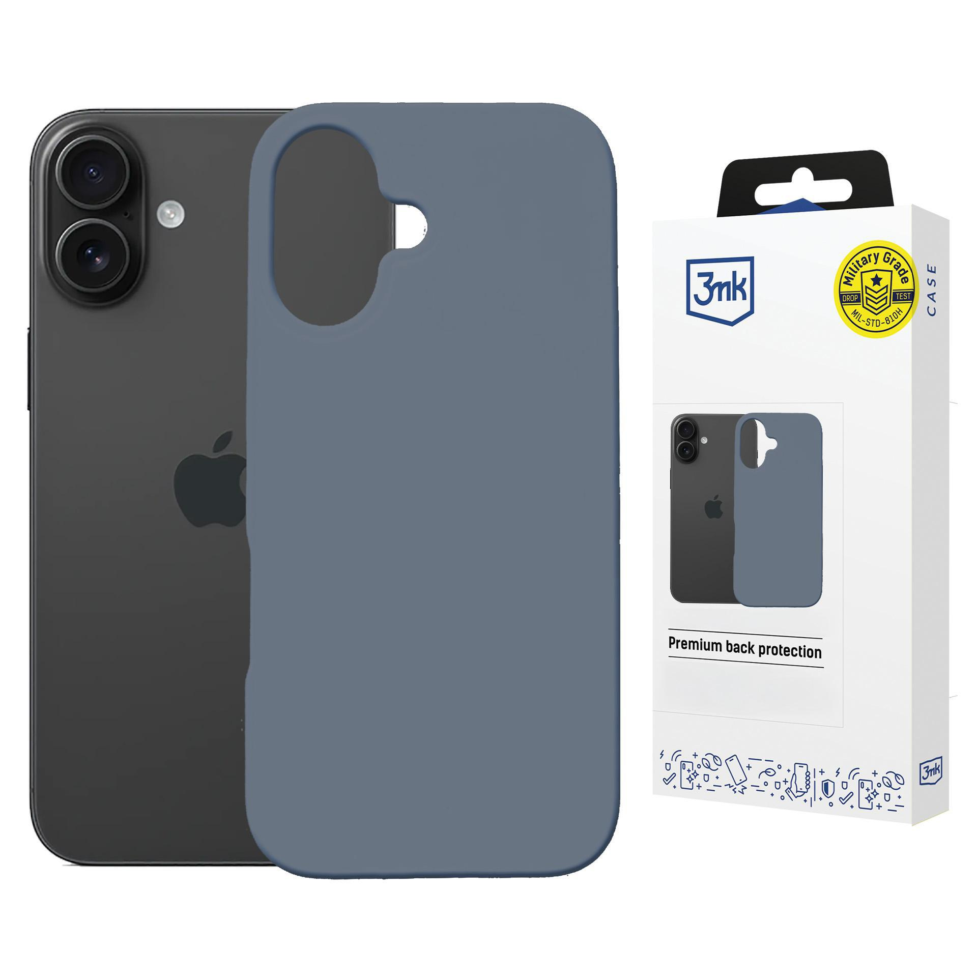 Szara iPhone obok niebieskiego etui. Opakowanie z logo.