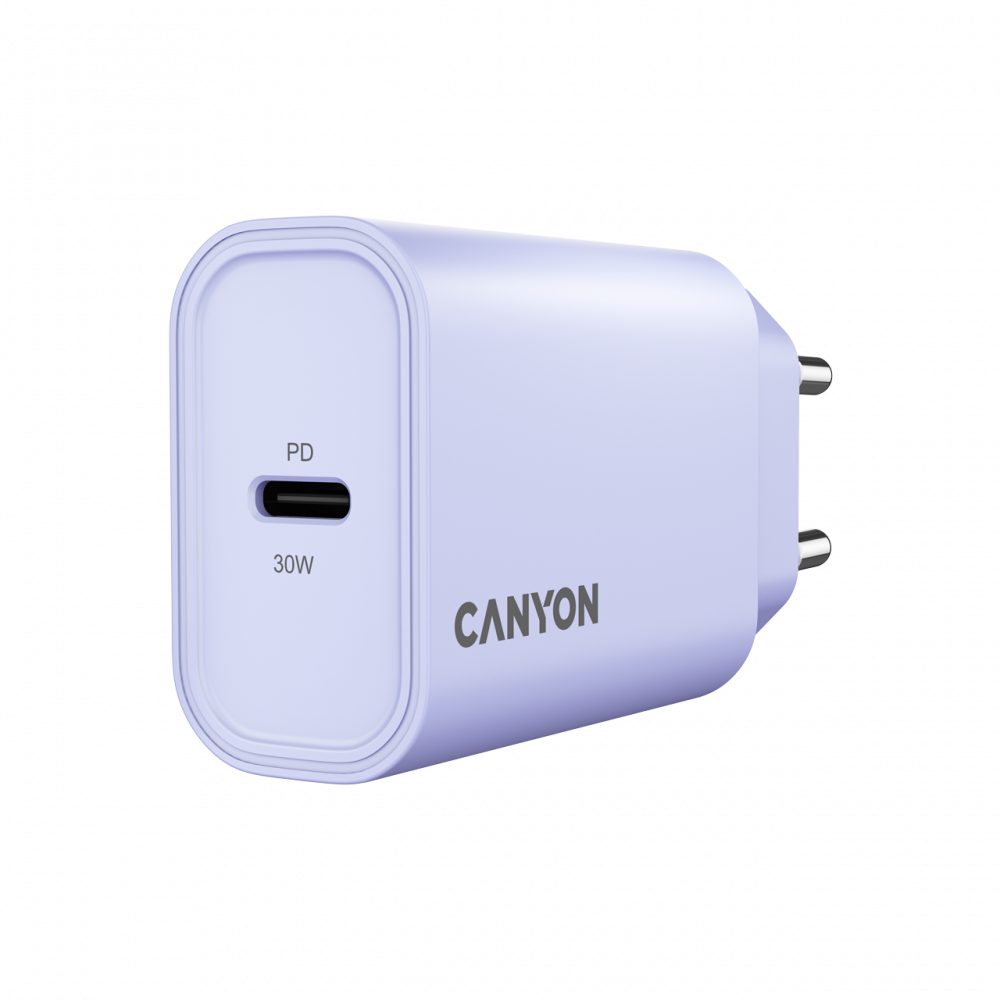 Jasnofioletowy adapter zasilający Canyon z portem USB-C PD o mocy 30W.