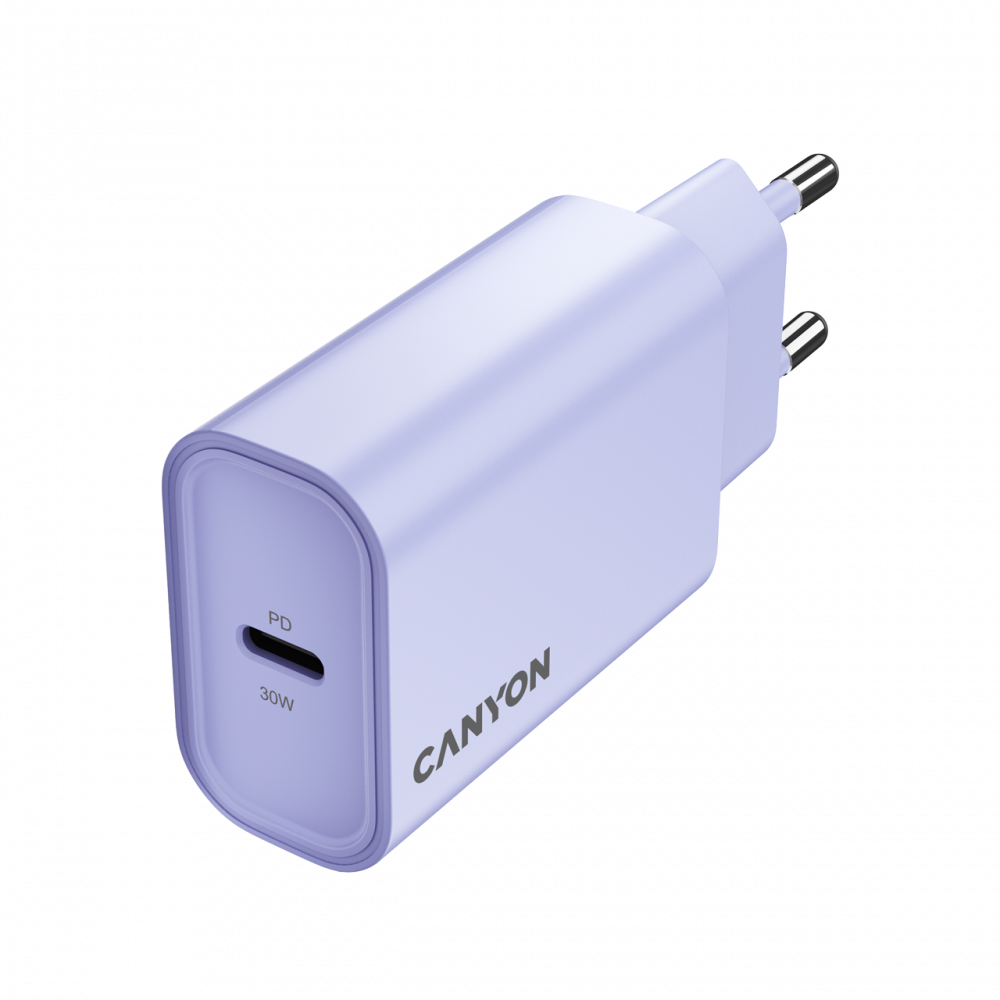 Lawendowa ładowarka USB-C o mocy 30W PD z logo Canyon.