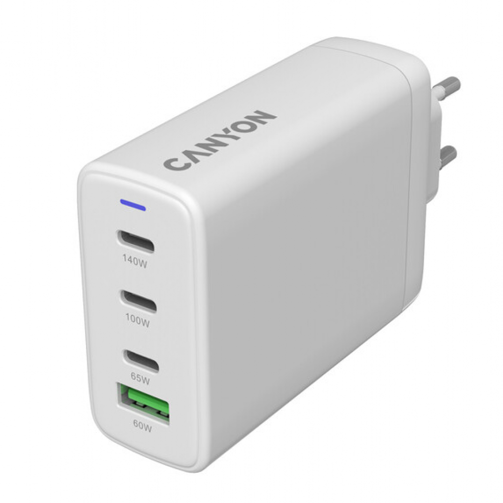 Biała ładowarka Canyon z wieloma portami USB-C i USB-A.