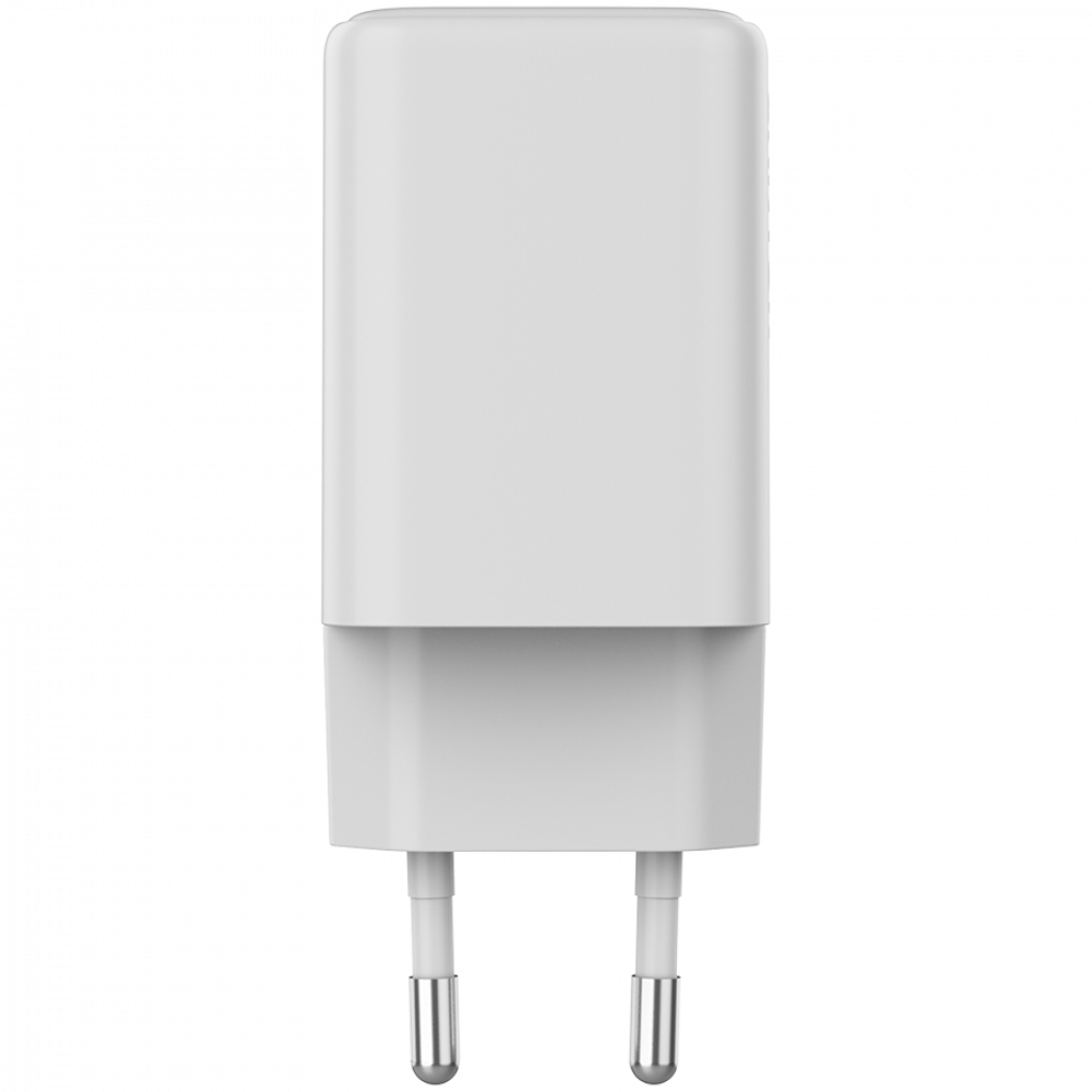 Un alimentatore bianco con due pin metallici rivolti verso il basso.