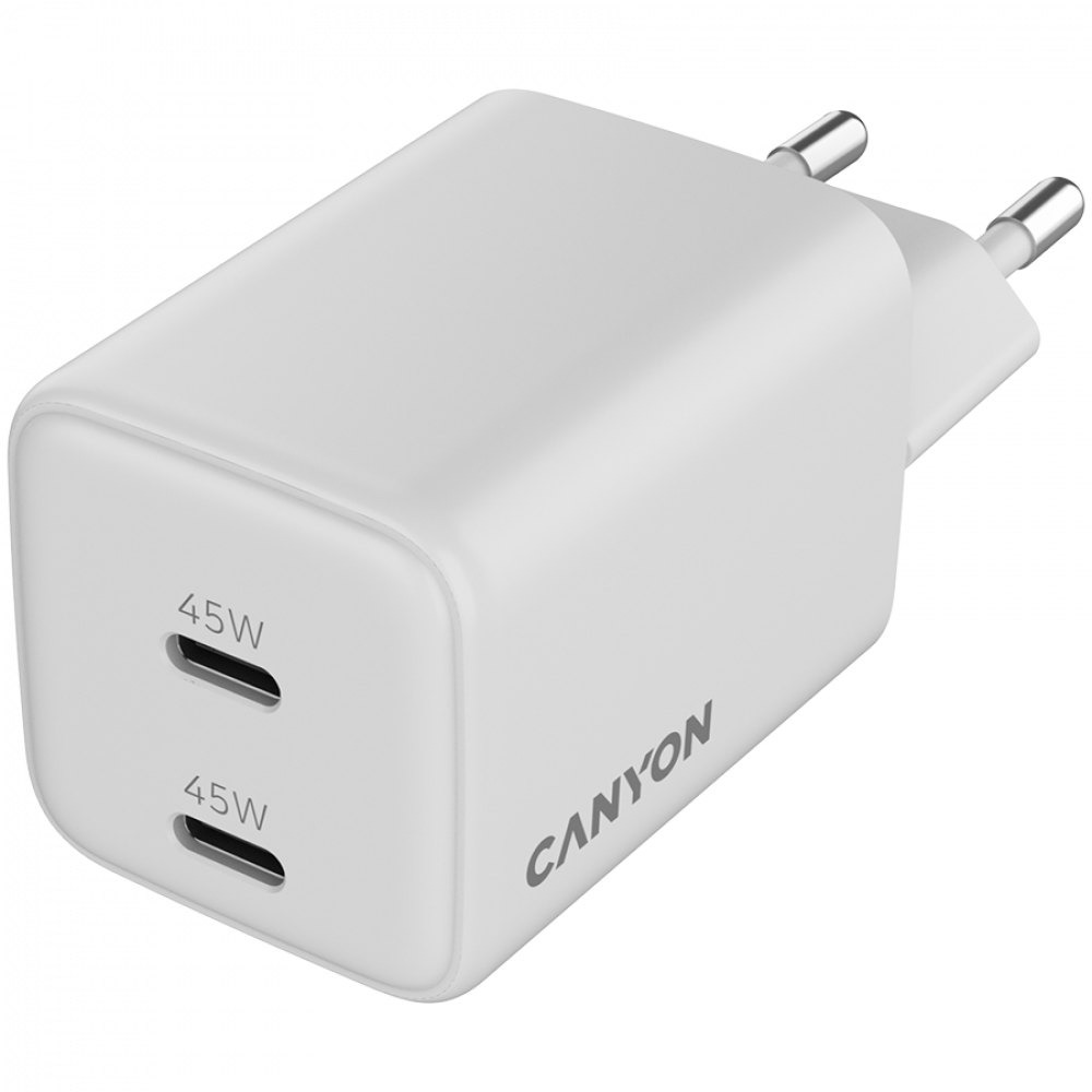 Un caricatore Canyon USB-C bianco da 45W con due porte.
