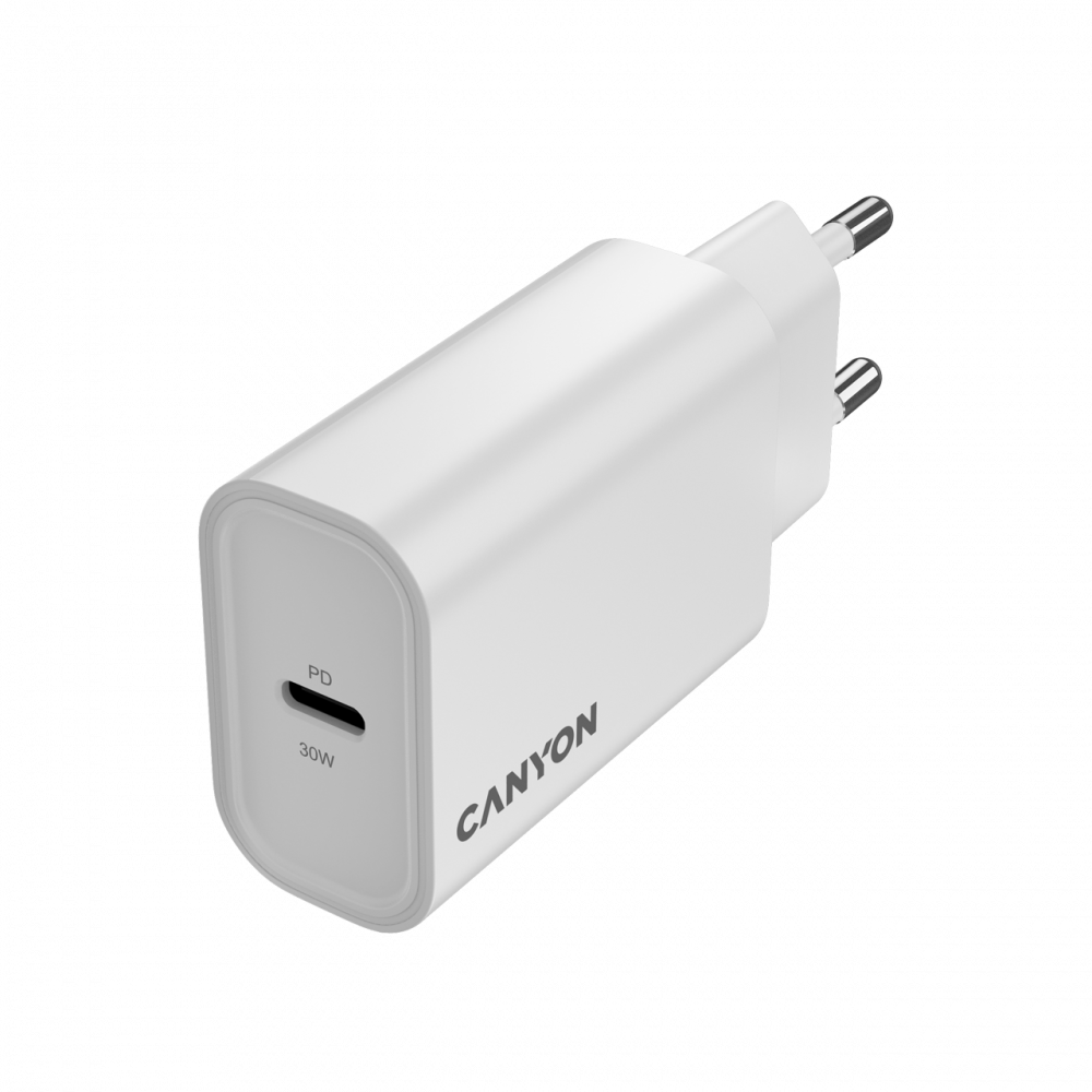 Biała ładowarka Canyon 30W PD USB-C z dwoma bolcami.