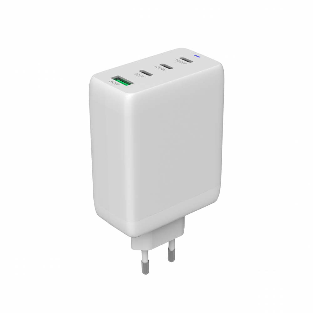 Biała ładowarka USB-C z czterema portami i oznaczeniami mocy.
