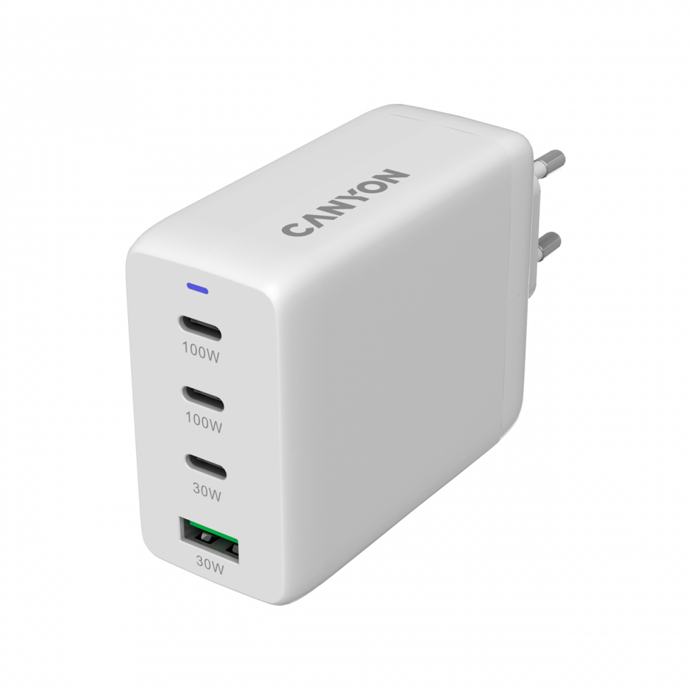 Biała ładowarka Canyon z trzema portami USB-C (100W, 100W, 30W) i zielonym portem USB-A (30W).