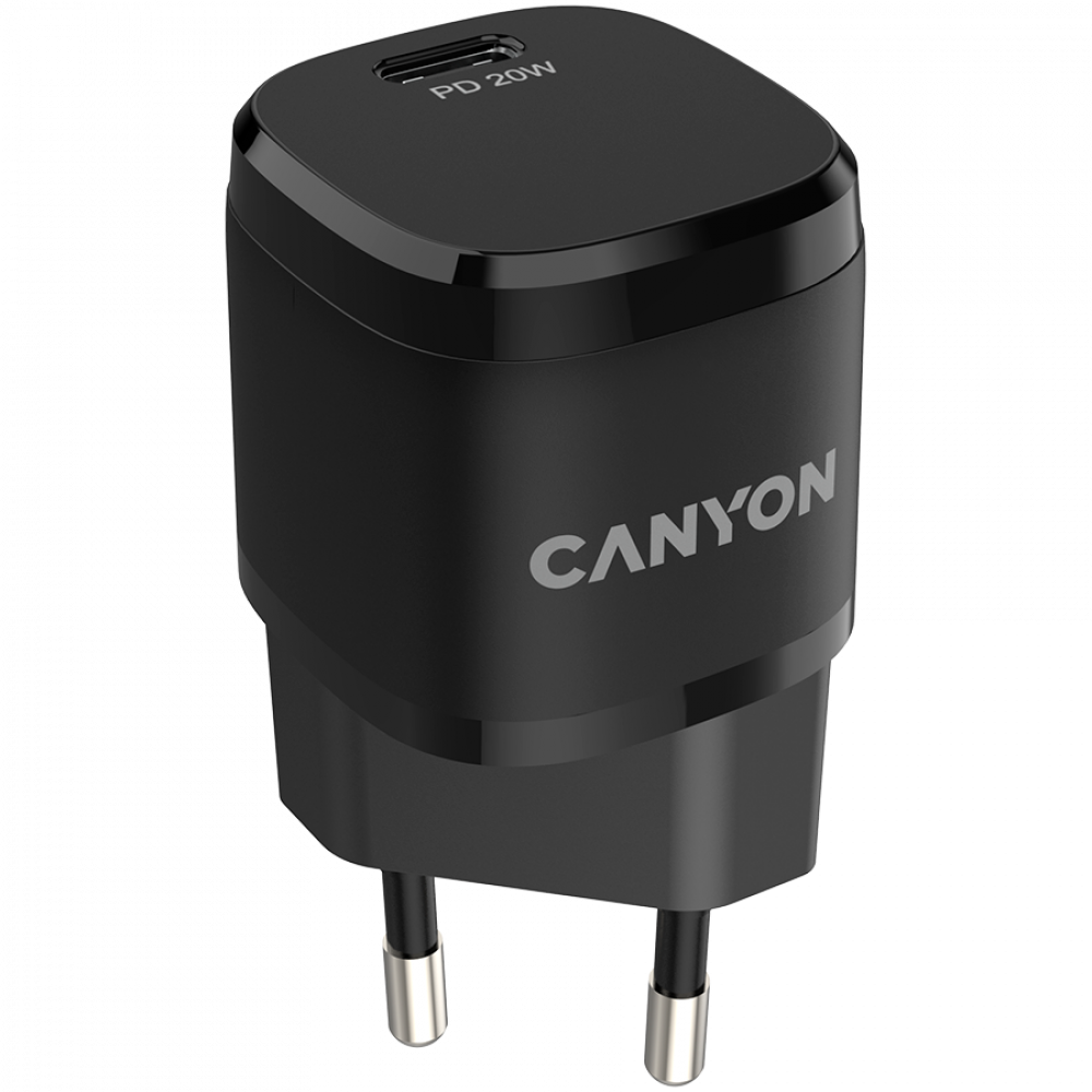 Czarna ładowarka Canyon z portem USB-C i mocą 20W.