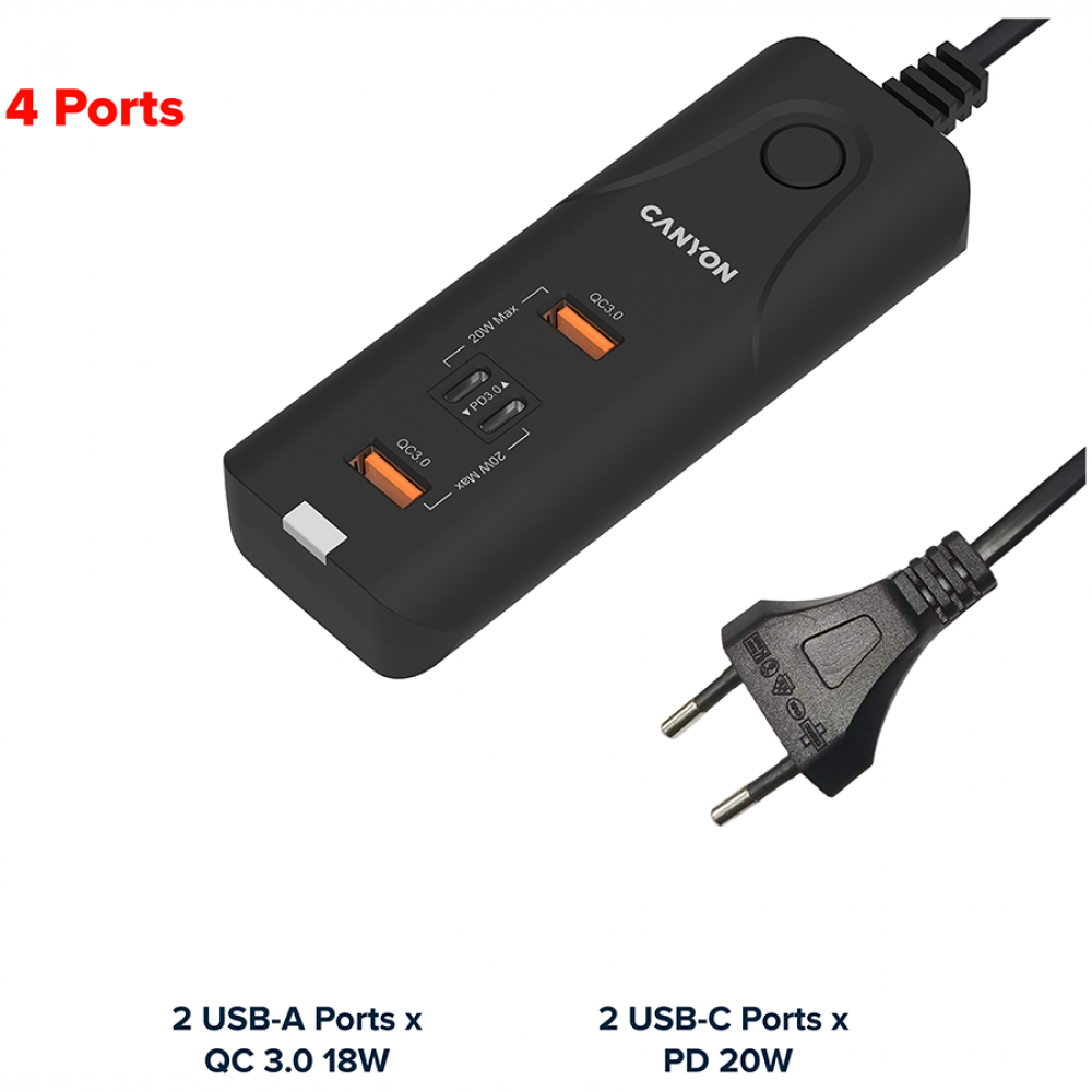 Czarna ładowarka Canyon z 4 portami: 2 USB-A QC 3.0 18W i 2 USB-C PD 20W.