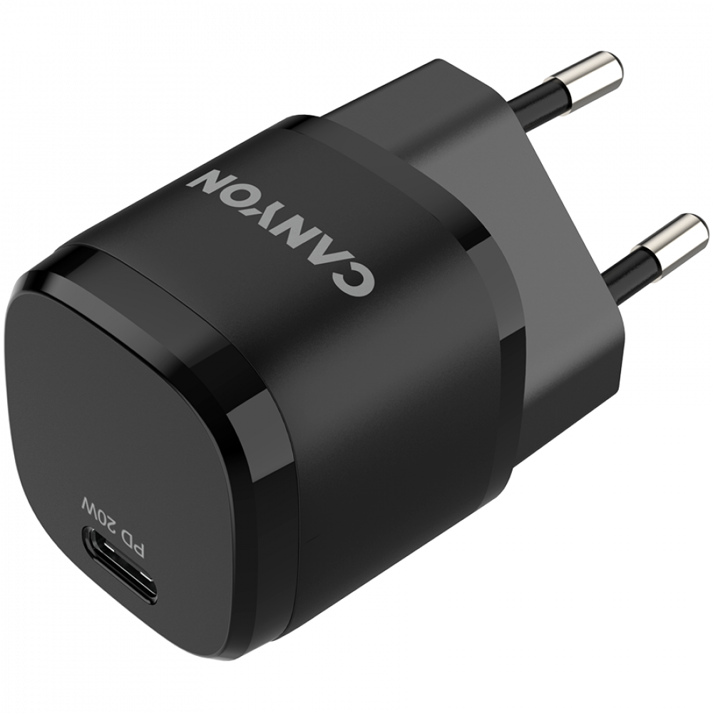 Czarny zasilacz z portem USB-C i logo "CANYON".