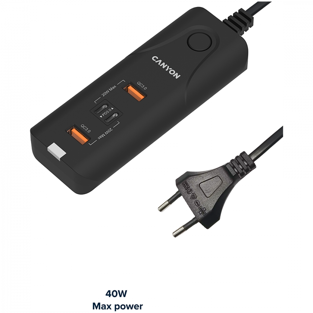 Czarna ładowarka Canyon z portami USB-C i USB-A, 40W.