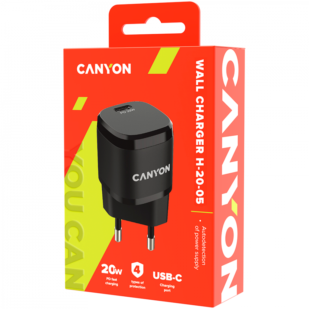 Czarna ładowarka sieciowa CANYON z USB-C, szybkie ładowanie PD 20W, na czerwonym opakowaniu.