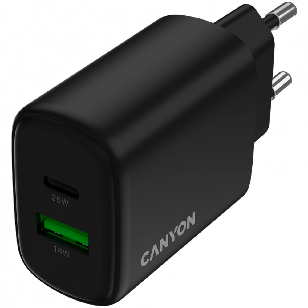 Caricatore Canyon nero con porte USB-C (25W) e USB-A (18W).