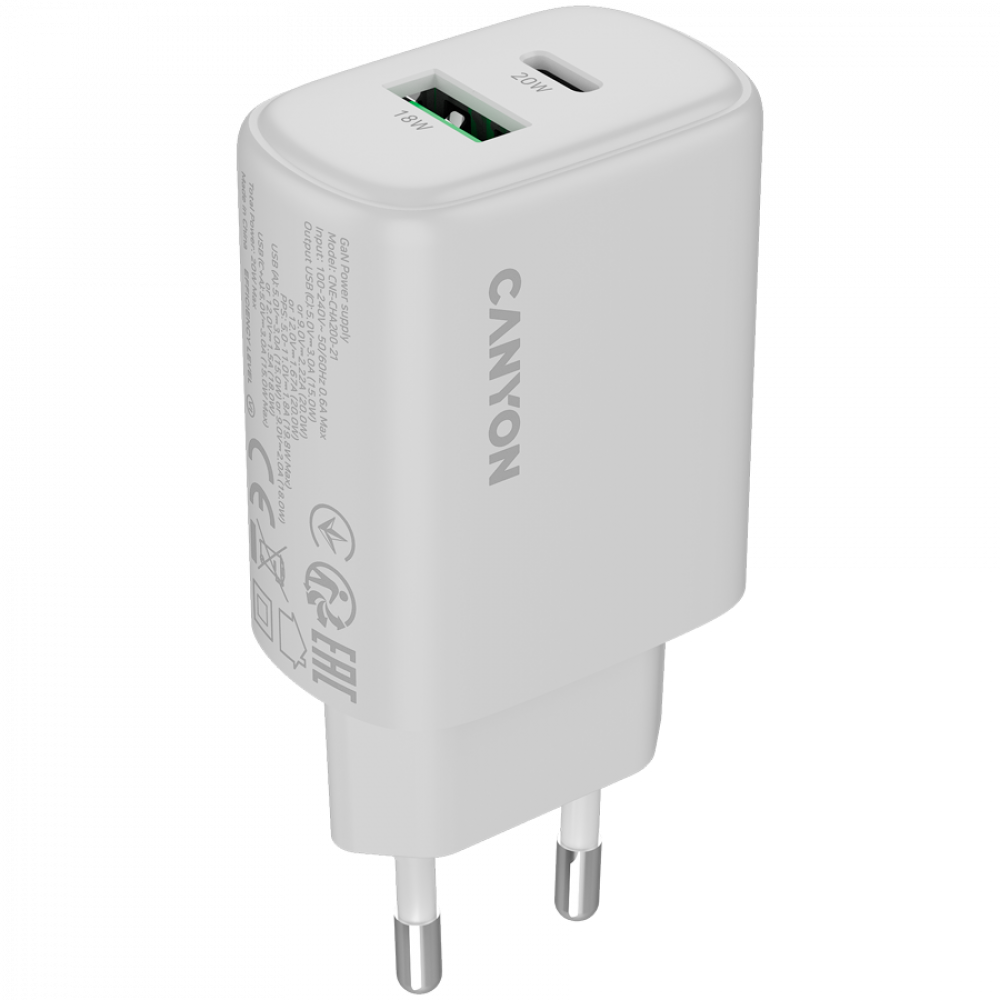 Biała ładowarka USB Canyon z dwoma portami: 18W i 20W.
