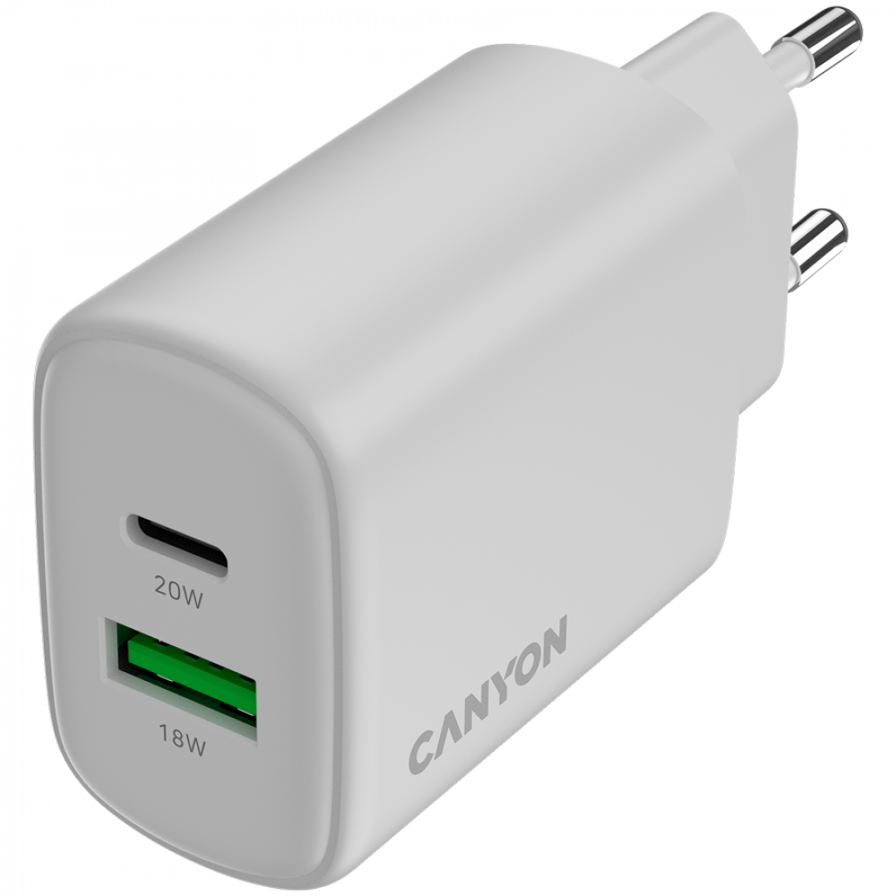 Biały adapter sieciowy Canyon z portami USB-C i USB-A.