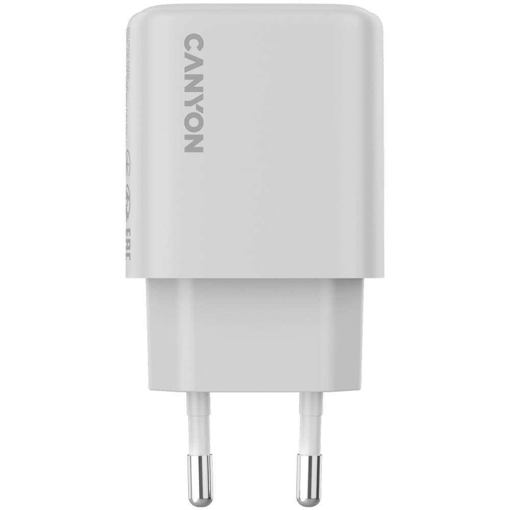 Biała wtyczka CANYON z dwoma metalowymi bolcami.