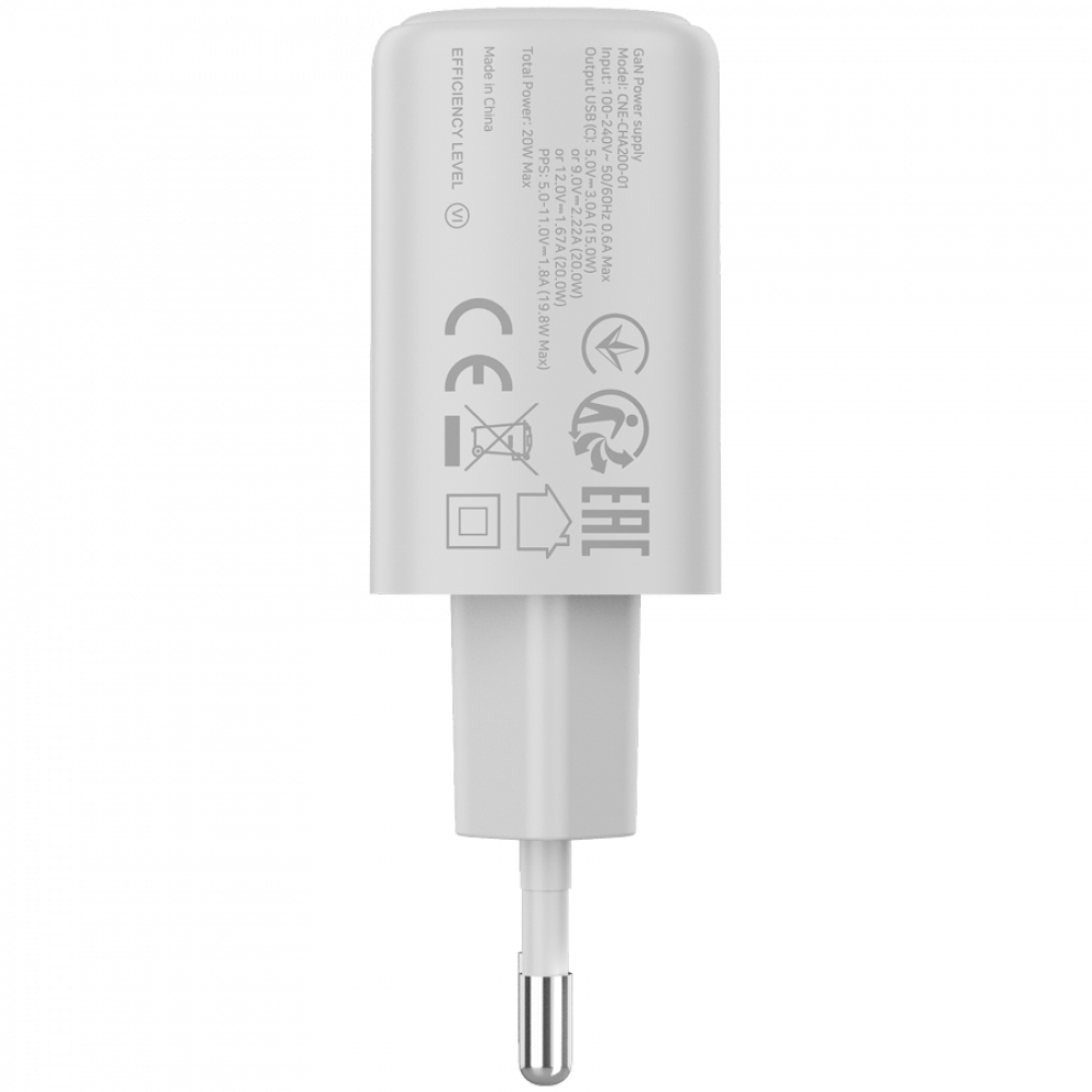 Biała ładowarka ze szczegółami mocy oraz oznaczeniami CE, EAC.