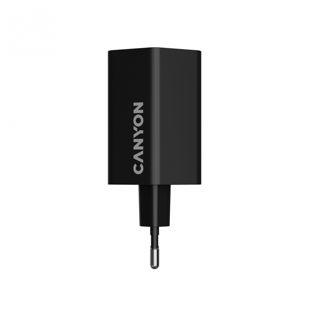 Un alimentatore USB nero con il logo 'CANYON' sul lato.