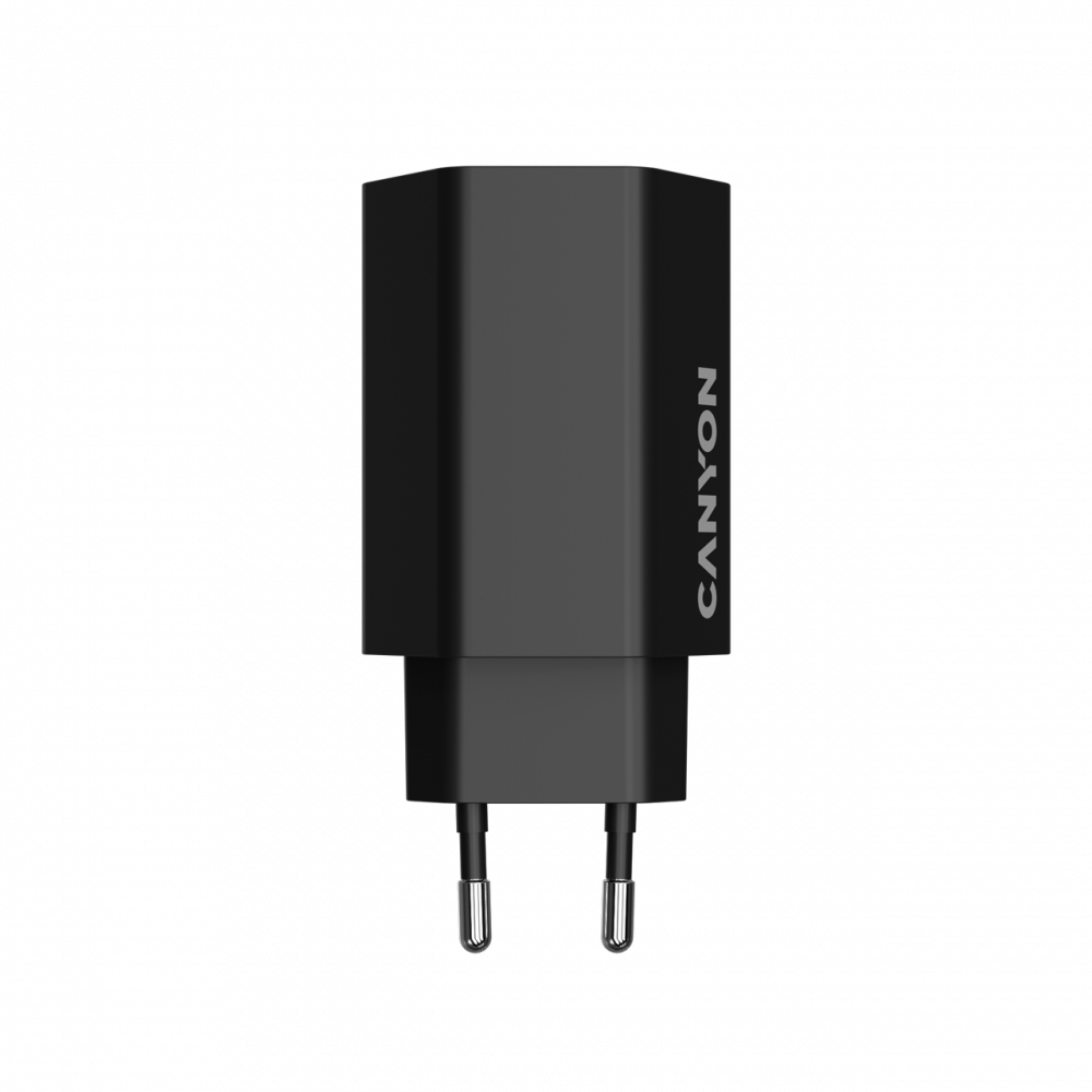 Un alimentatore Canyon nero con due pin metallici.
