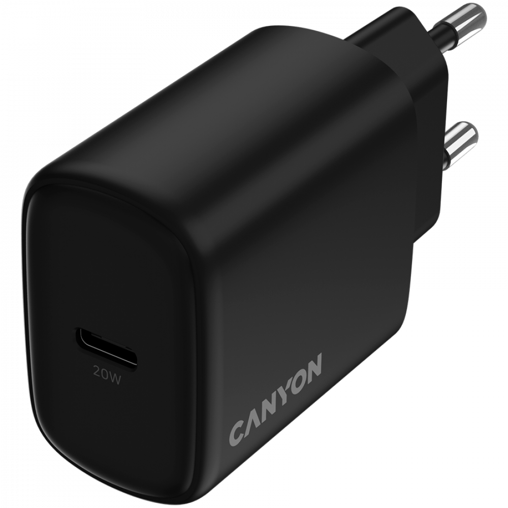 Czarna ładowarka sieciowa CANYON z portem USB-C i oznaczeniem 20W.