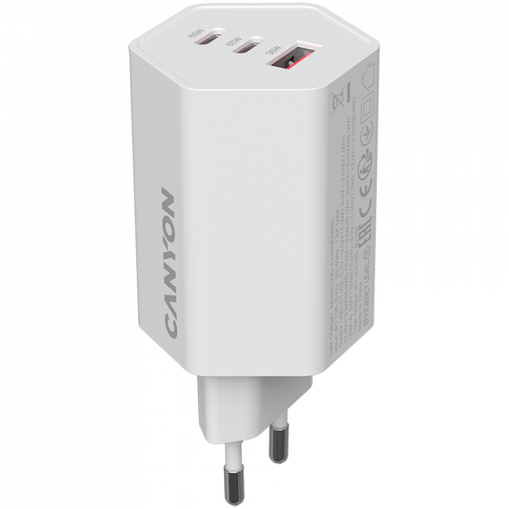 Biała ładowarka USB-C GaN 65W z logo Canyon, trzy porty.