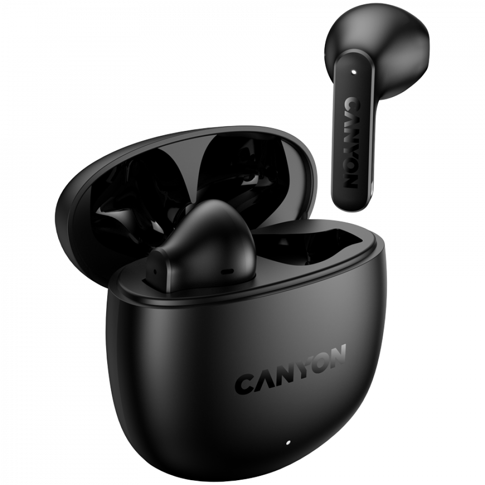 Czarne słuchawki bezprzewodowe z etui ładującym i logo Canyon.