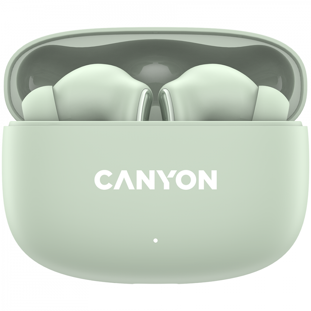 Jasnozielone bezprzewodowe słuchawki Canyon w otwartym etui ładującym.