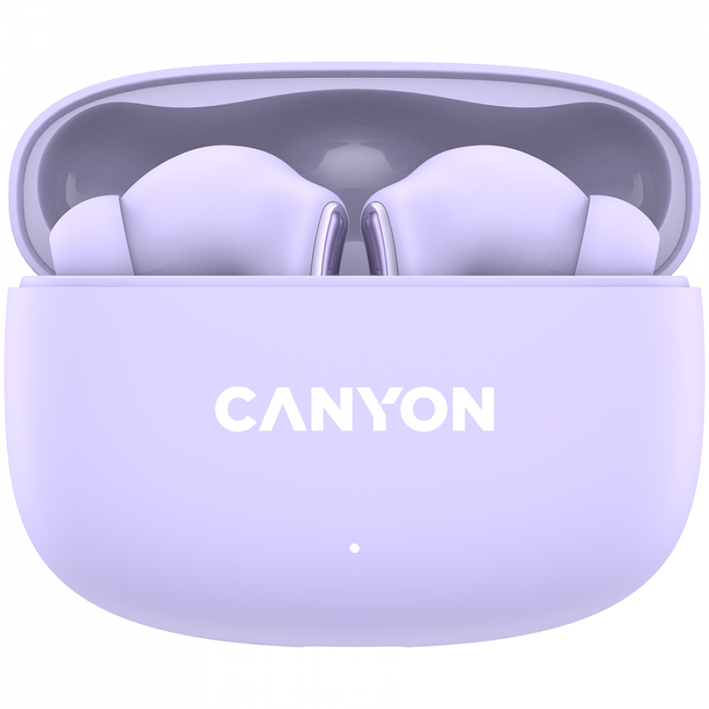 Fioletowe słuchawki Canyon w otwartym etui ładującym.