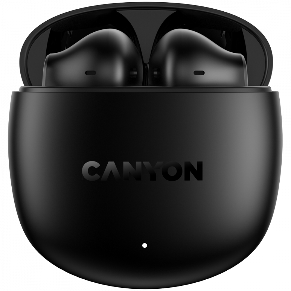 Czarne słuchawki bezprzewodowe w otwartym etui ładującym z logo CANYON.